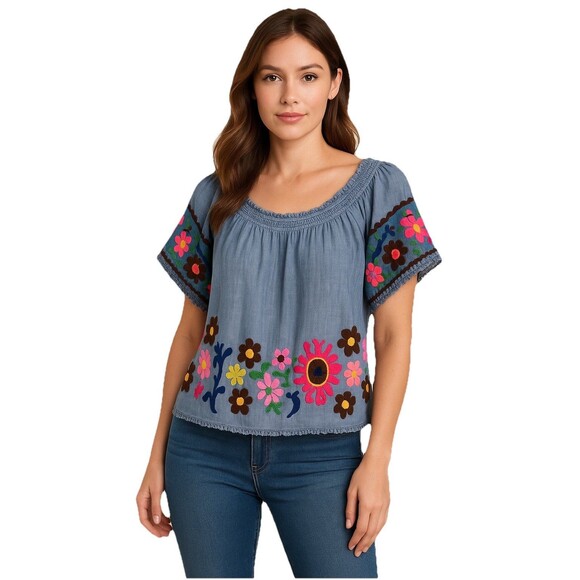 Boston Proper Bold Floral Embroidered Smocked Off Shoulder Blouse Blue XS Boho - Picture 1 of 8